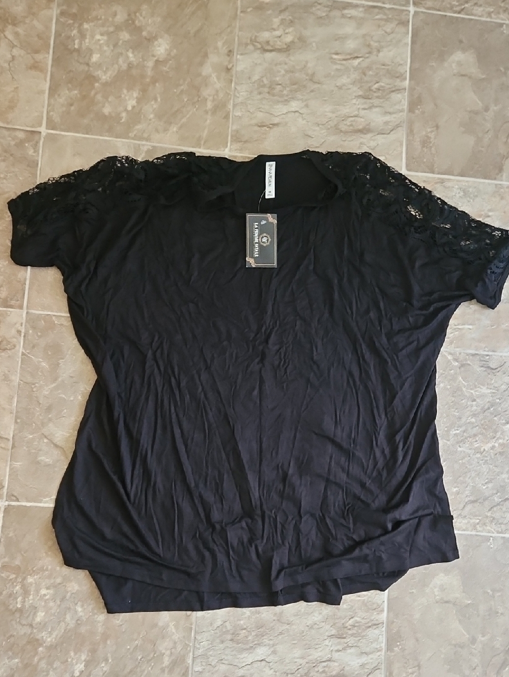 La Femme Black Lace-Trim Short Sleeve Top
